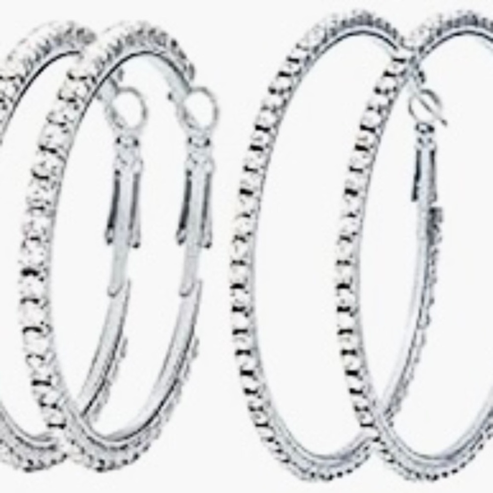 Two Pair Silver Hoop with Rhinestones Earrings, BLING 2.5” & 2.75” - Picture 2 of 7